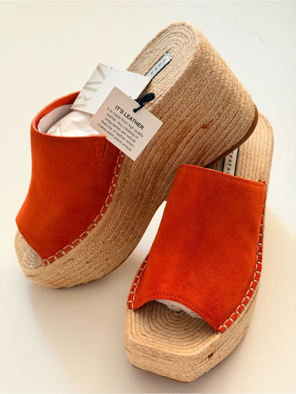 Zara Trafaluc Burnt Orange Leather Espadrille Wedge Sandals - Size 37 / US 6.5